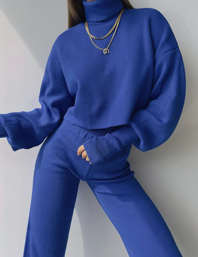 Women's comfortable knitted set with long sleeve top and wide leg pants for a fashionable casual look