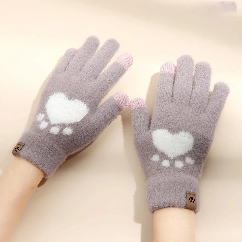 Winter warmth with cat and bird printed thermal knitted cashmere feel gloves - energize your cold days with cozy comfort women or teens girls gloves