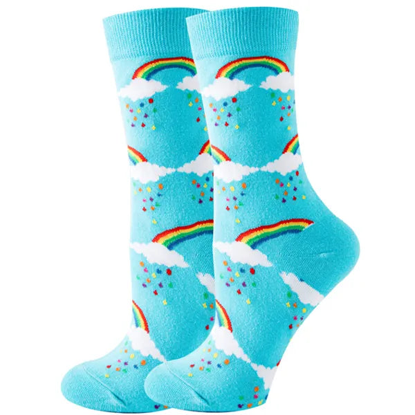 Women's or girl's middle tube cotton socks with animal and plant patterns, a colorful collection