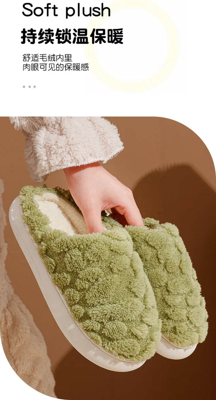 New plush slippers for couples warm home elegance for couples, featuring thickened anti-slip bottoms, baotou design, and luxurious cotton comfort