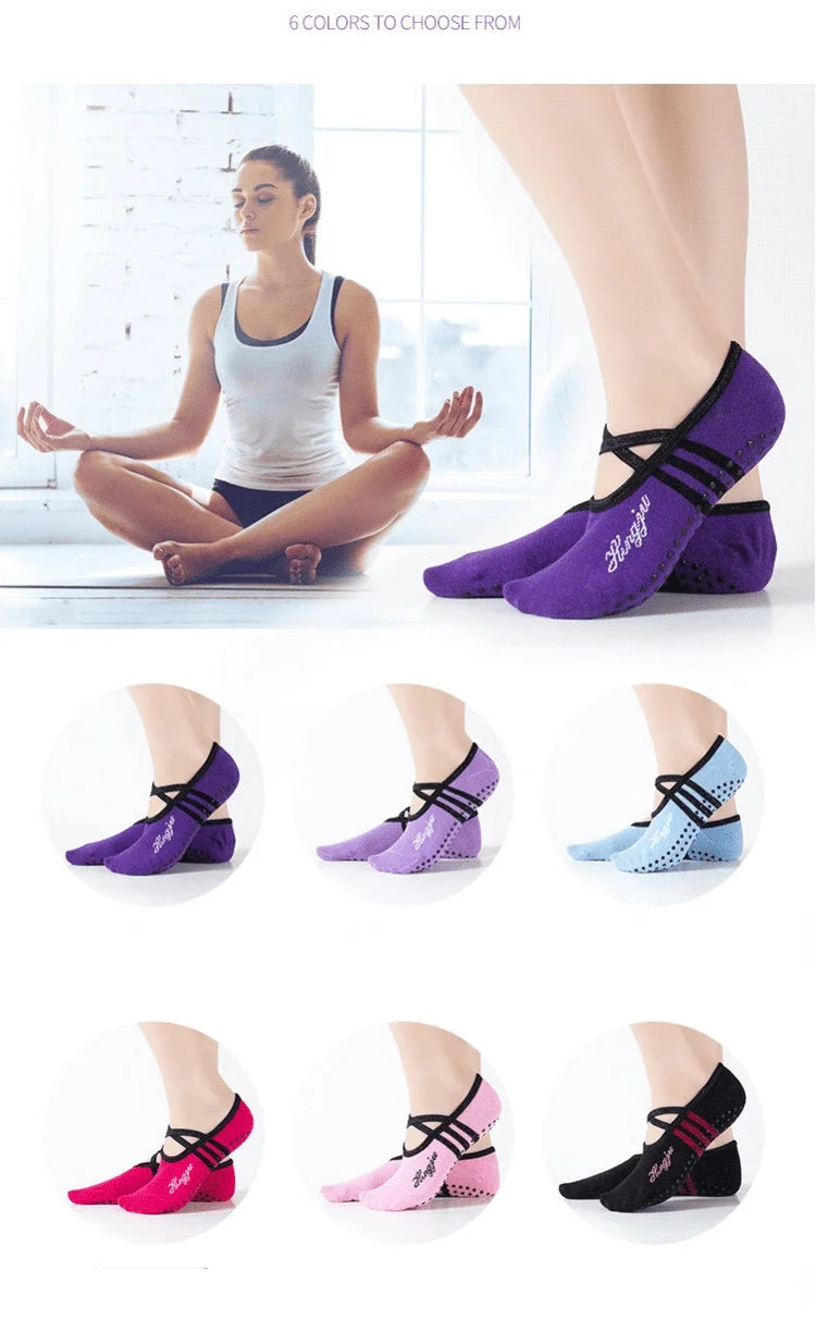 explore our women's non-slip yoga socks with grips & straps that are perfect for ballet, pilates, fitness, gym and bandage dance