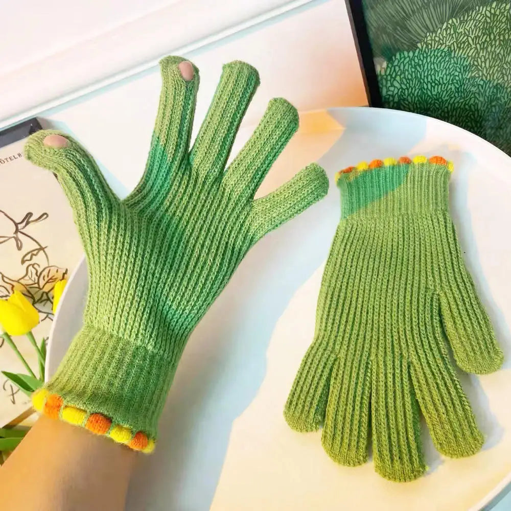 Winter warmth with cat and bird printed thermal knitted cashmere feel gloves - energize your cold days with cozy comfort women or teens girls gloves