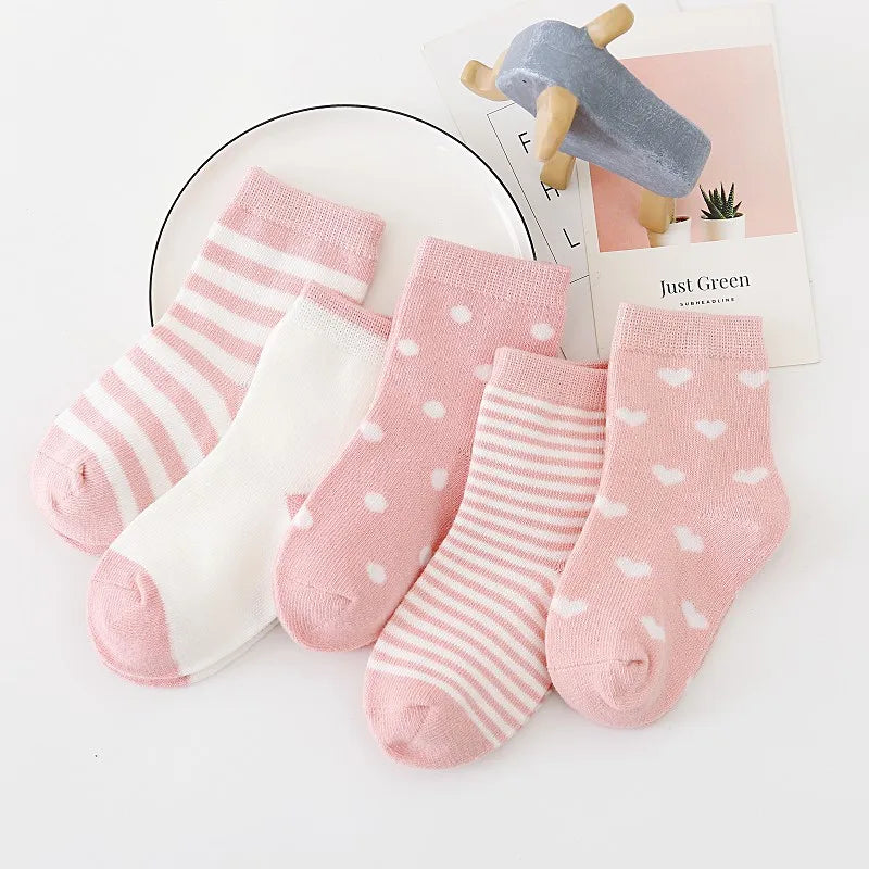 5 pairs girls baby soft cotton socks - warm striped cartoon socks for 0-8 years