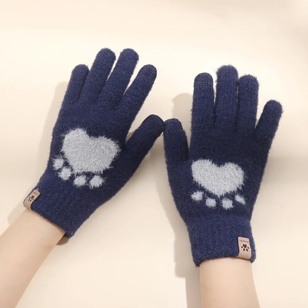 Winter warmth with cat and bird printed thermal knitted cashmere feel gloves - energize your cold days with cozy comfort women or teens girls gloves