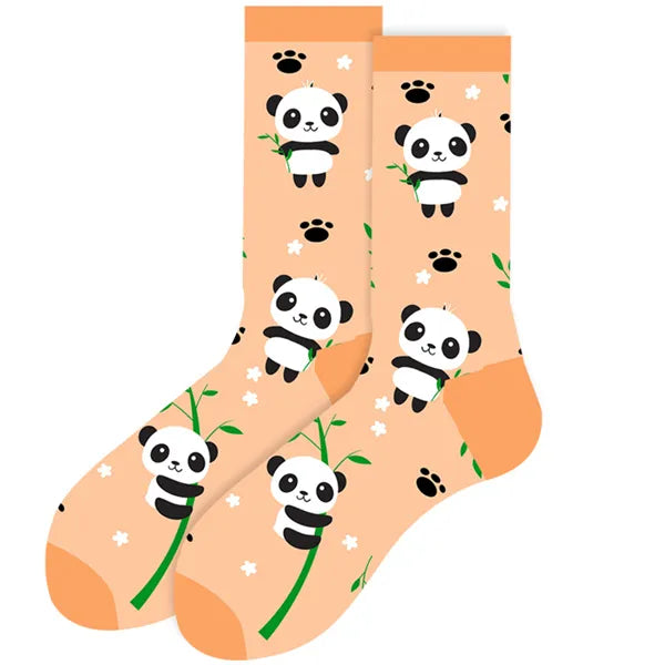 Women's or girl's middle tube cotton socks with animal and plant patterns, a colorful collection