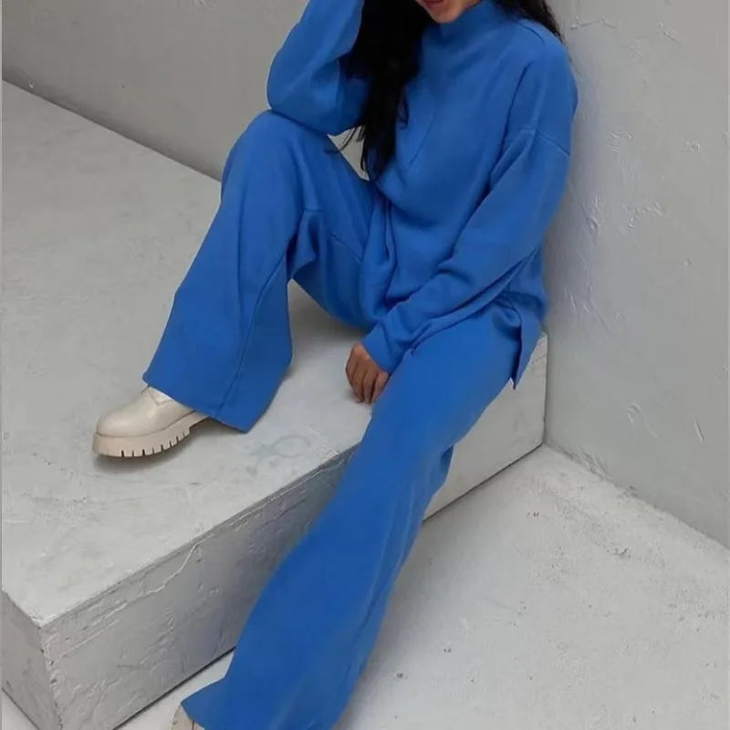 Knitted 2 piece turtleneck sweater wide leg pants sleepwear set women loungewear indoors cozy outfit