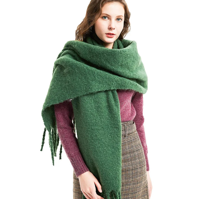Écharpe pashmina longue à pampilles de couleur unie, châle épais et chaud pour femmes