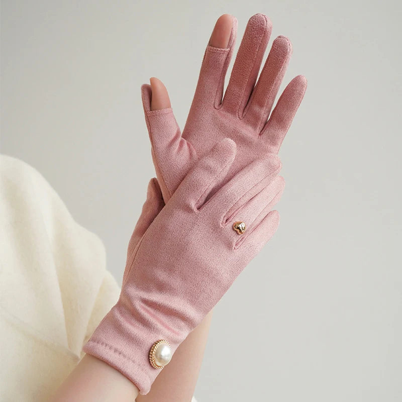 Women winter warm clamshell touch screen pearl gloves fashion elegant retro luxury fleece soft drive gloves