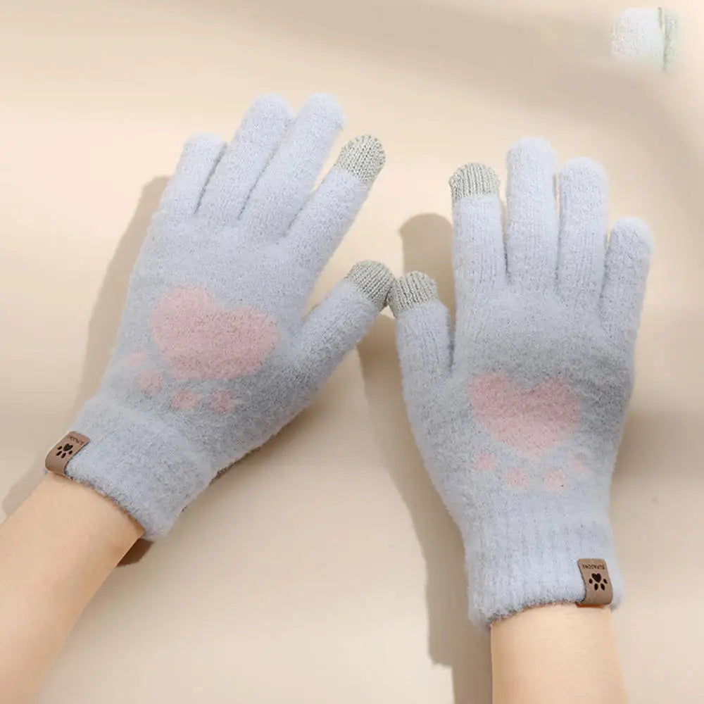 Winter warmth with cat and bird printed thermal knitted cashmere feel gloves - energize your cold days with cozy comfort women or teens girls gloves
