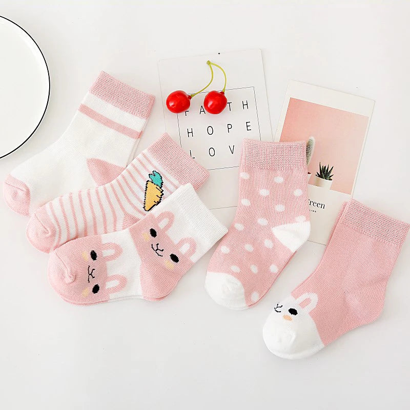 5 pairs girls baby soft cotton socks - warm striped cartoon socks for 0-8 years
