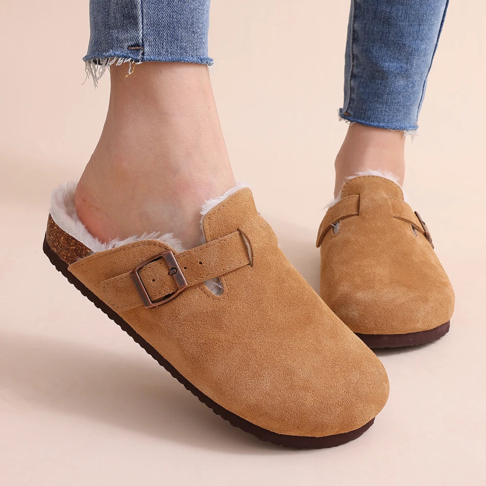 Winter com warm fur clogs for women luxurious cork mules and fuzzy slippers with short plush, perfect indoor-outdoor warmth and style