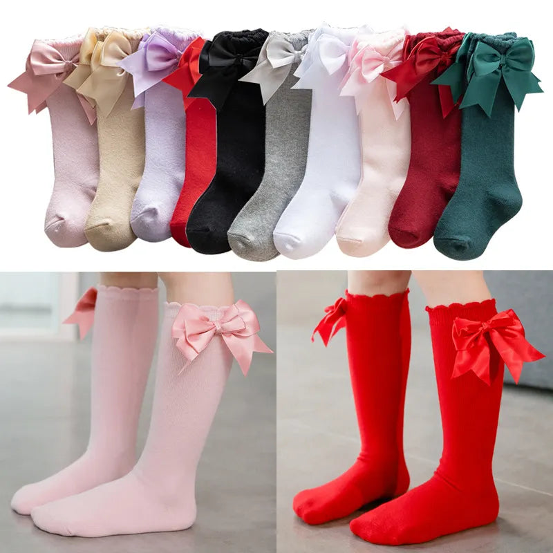 Warm & cute winter autumn kids knee high socks with big bow for 0-5 years