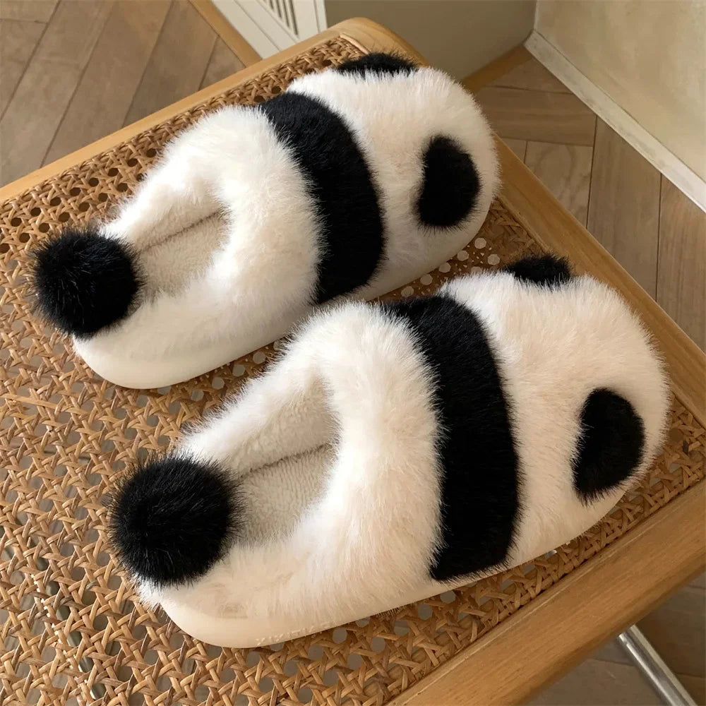 Cozy fluffy indoor Panda Slippers for winter for winter with platform sole women cute design