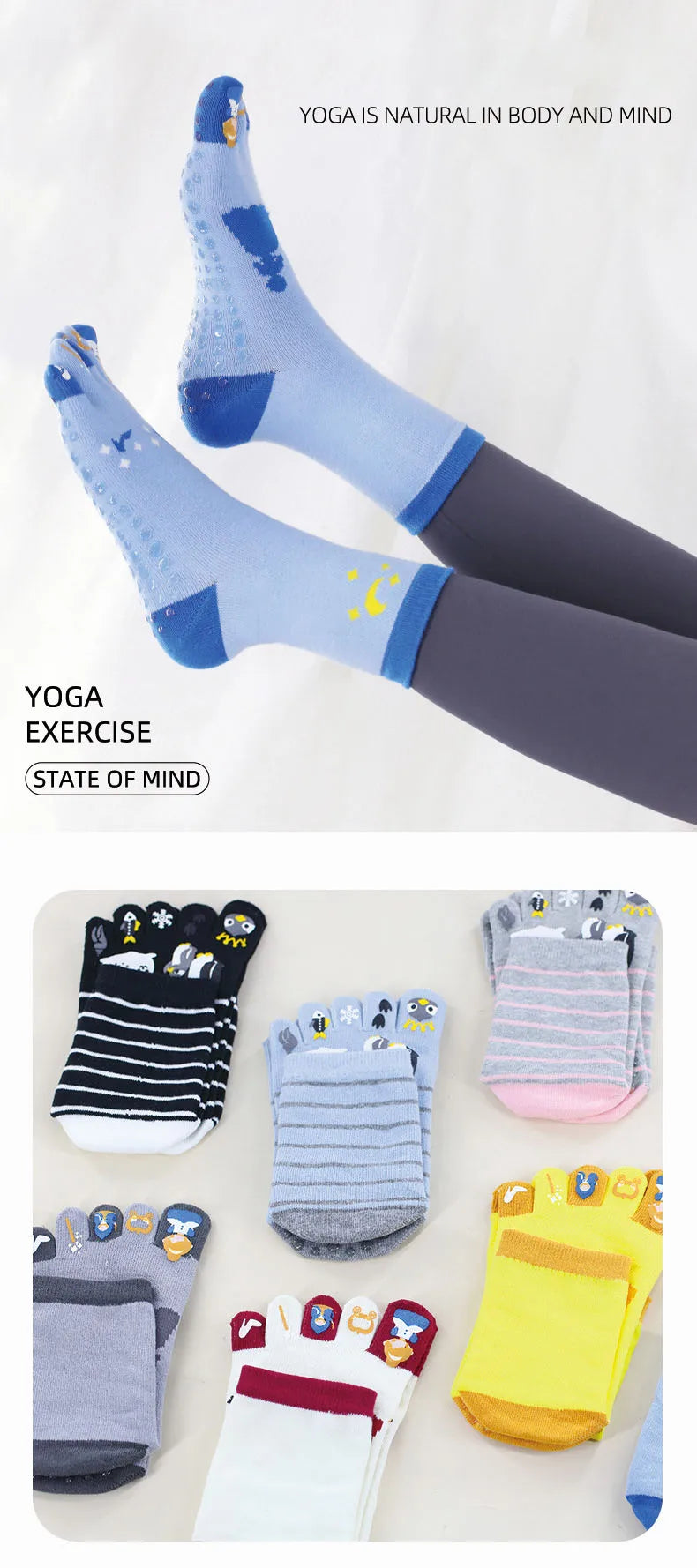 Full toe yoga cozy bliss from korean cotton, funny funky trendy cartoon design, silicone non-slip grip, pilates crew five toes socks