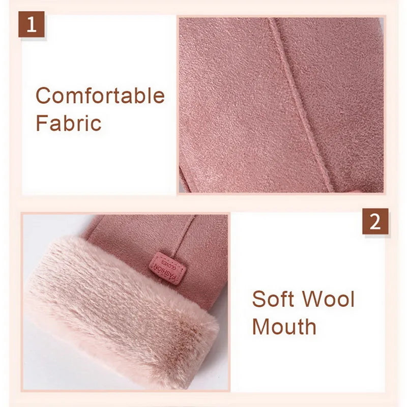 winter female cashmere feel warm suede leather mittens with double thick velvet plush cozy touch screen driving gloves