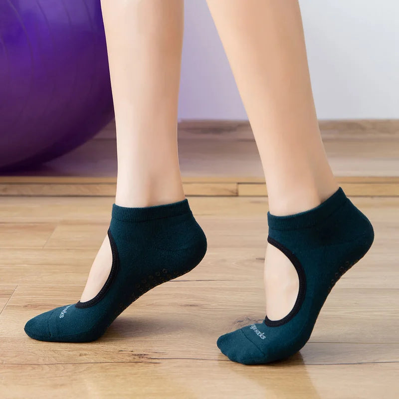 Women's backless yoga or pilates socks that are crafted for high-quality comfort, supreme elasticity, and anti-slip excellence in yoga, pilates, ballet, and dance-ONE SIZE FITS ALL