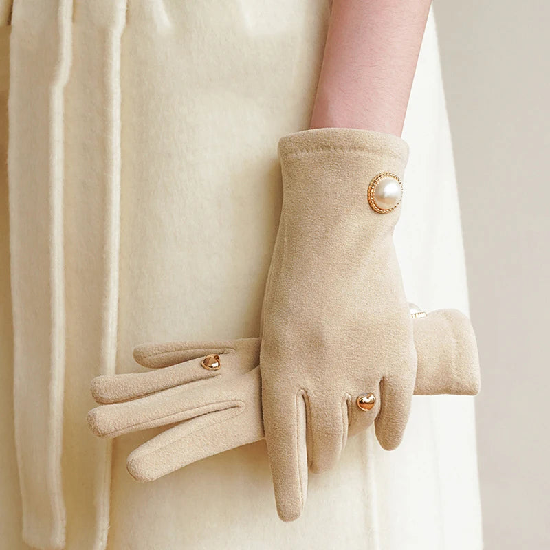 Women winter warm clamshell touch screen pearl gloves fashion elegant retro luxury fleece soft drive gloves