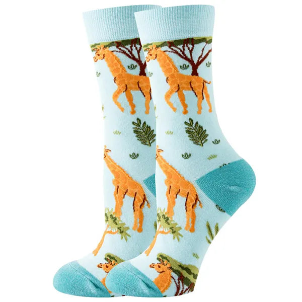 Women's or girl's middle tube cotton socks with animal and plant patterns, a colorful collection