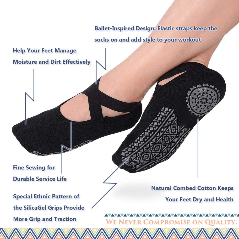 1 pair women's non-slip bandage cotton socks with straps – perfect for pilates, pure barre, ballet, and barefoot workouts