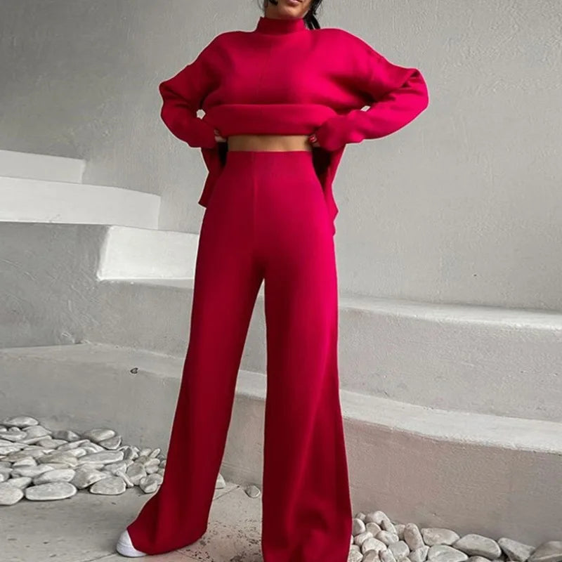 Knitted 2 piece turtleneck sweater wide leg pants sleepwear set women loungewear indoors cozy outfit