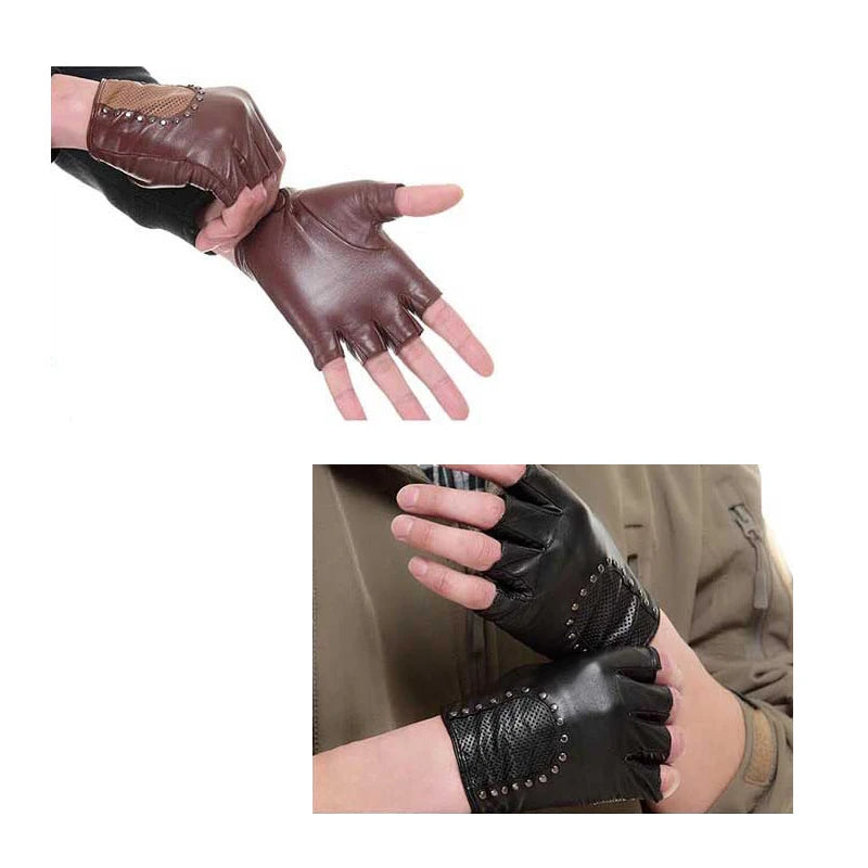 Chic stylish half finger leather motor driving gloves - breathable genuine leather gloves for even sports anti-slip