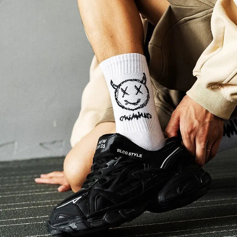 8 pairs/ sets socks men's Black And White Socks with cartoon long tube Comfortable Breathable CHRLEISURE