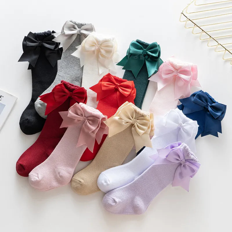 Warm & cute winter autumn kids knee high socks with big bow for 0-5 years