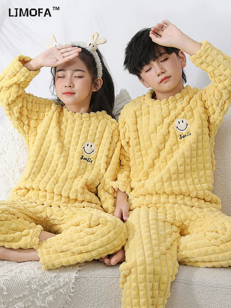 New smiley cartoon winter children pajamas set of warm fluffy thick soft flannel baby boys girls long sleeve warm sleepwear kids home suit