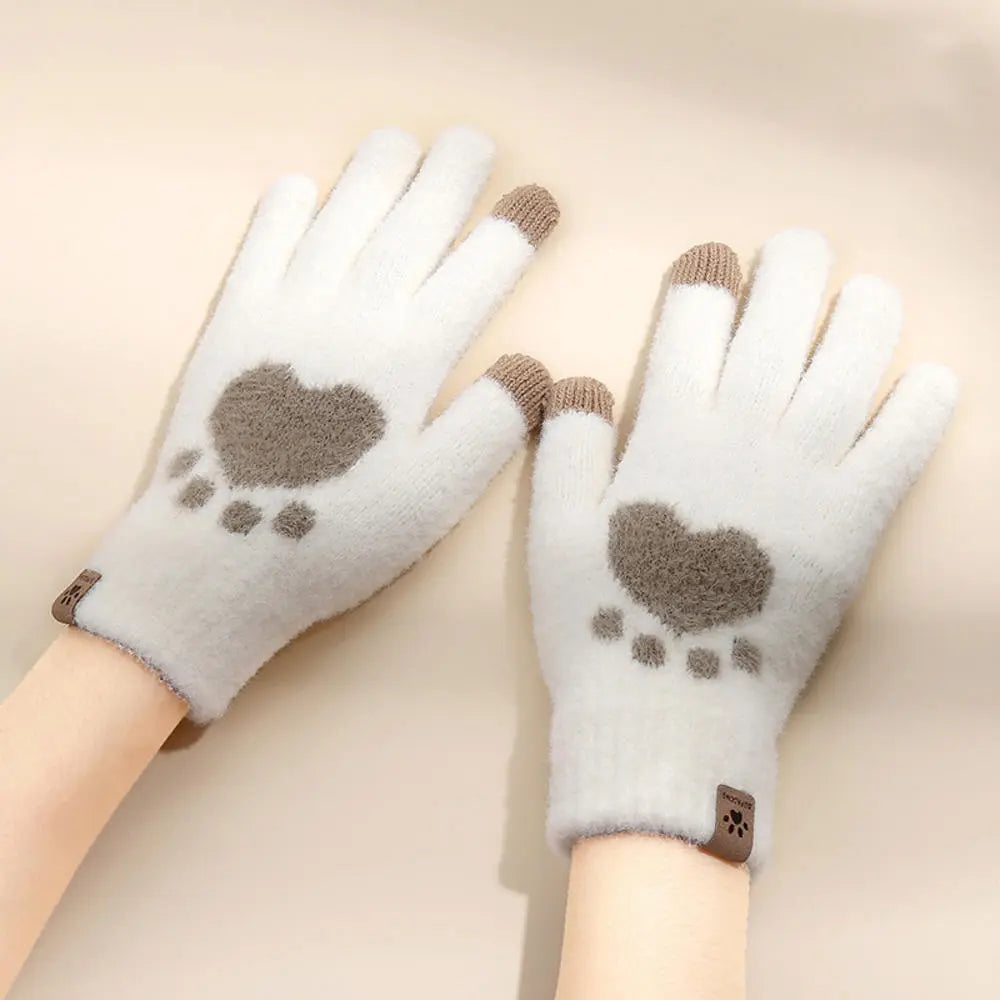 Winter warmth with cat and bird printed thermal knitted cashmere feel gloves - energize your cold days with cozy comfort women or teens girls gloves