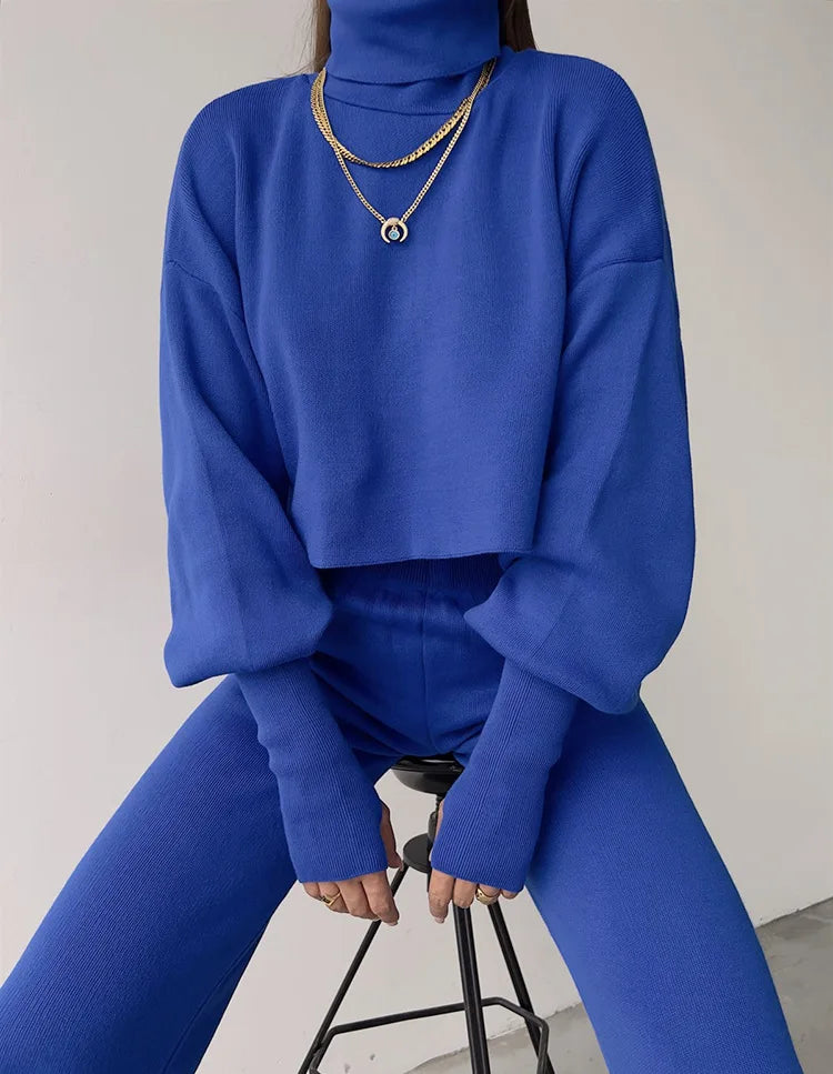 Women's comfortable knitted set with long sleeve top and wide leg pants for a fashionable casual look