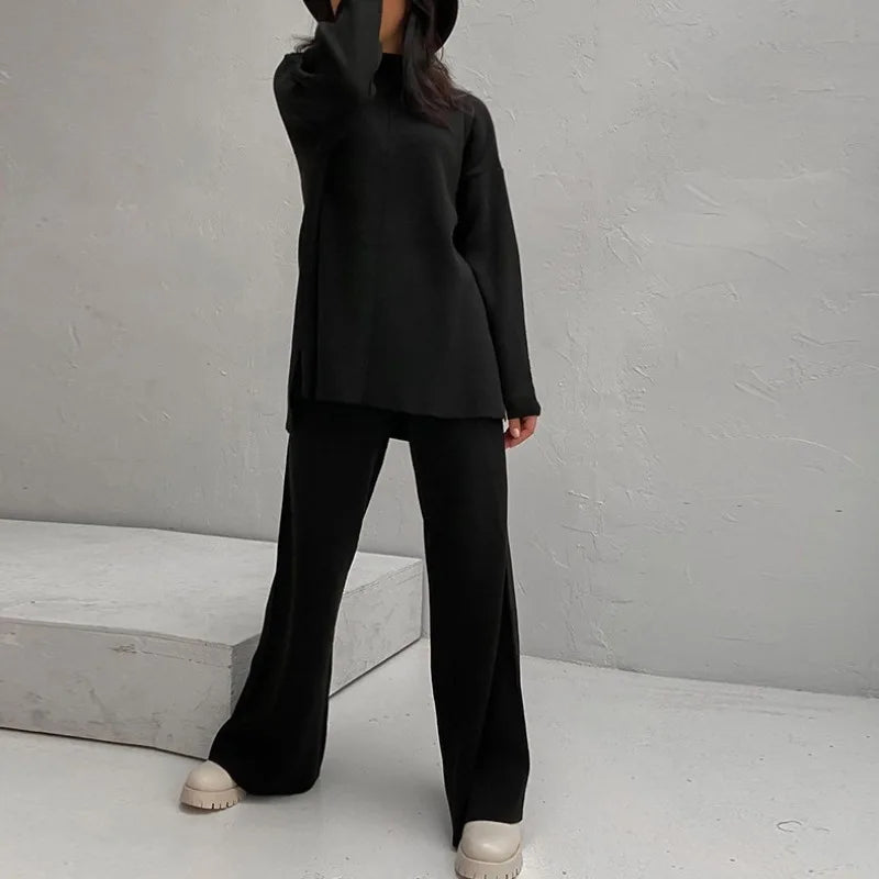 Knitted 2 piece turtleneck sweater wide leg pants sleepwear set women loungewear indoors cozy outfit