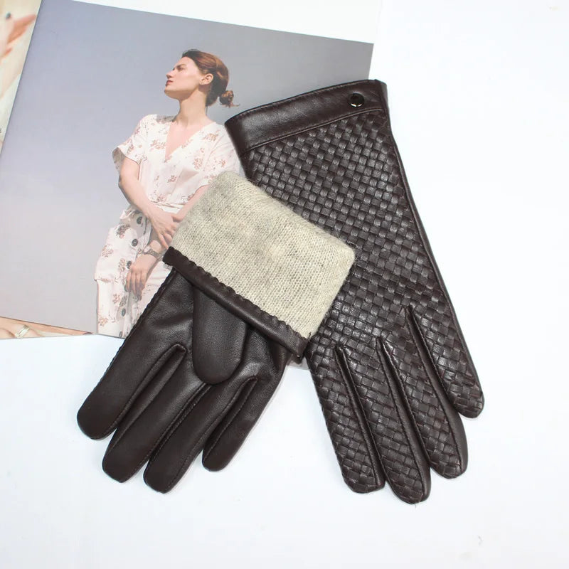 New women's sheepskin gloves with touch screen ability woven warmth and high-end knitted lining for luxe driving style