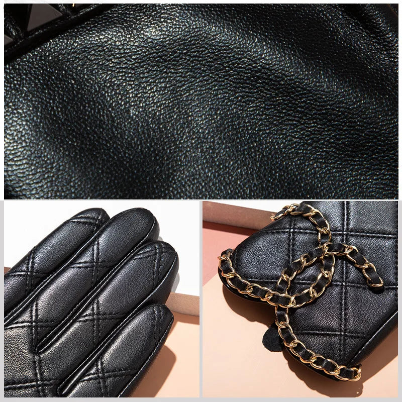 Womens Genuine Sheepskin Leather Gloves, Punk Cycling Outdoor Touch Screen Full Finger Gloves
