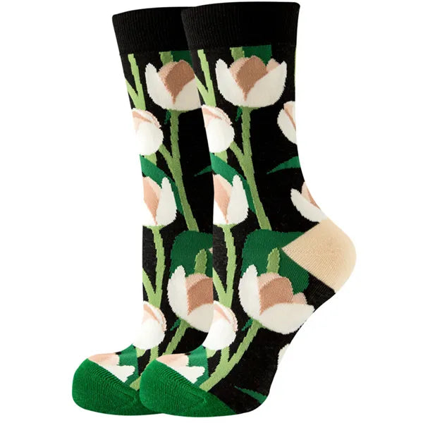 Women's or girl's middle tube cotton socks with animal and plant patterns, a colorful collection