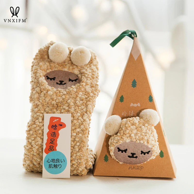 Cute animal Christmas socks with 3d fluffy coral velvet, thick and warm winter gift for women