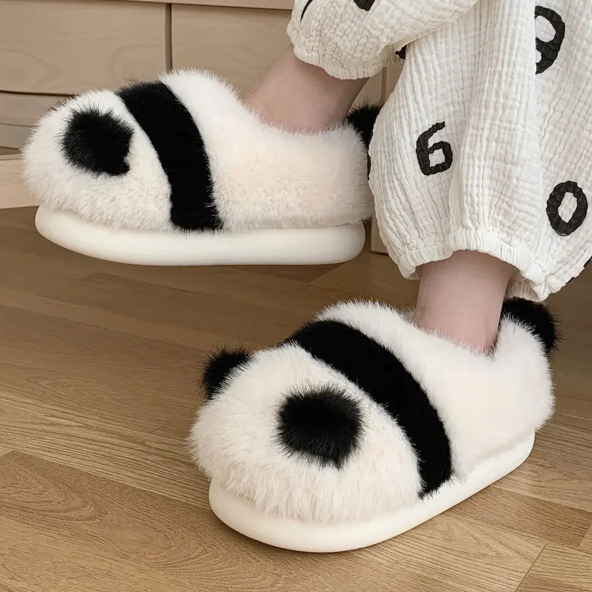 Cozy fluffy indoor Panda Slippers for winter for winter with platform sole women cute design