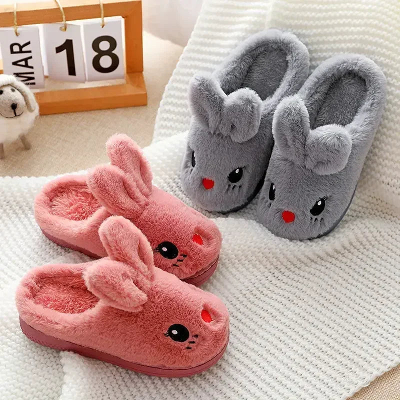 Pantoufles d'hiver chaudes et douces en fourrure de lapin mignon pour enfants, taille 24-35eur