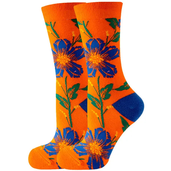 Women's or girl's middle tube cotton socks with animal and plant patterns, a colorful collection