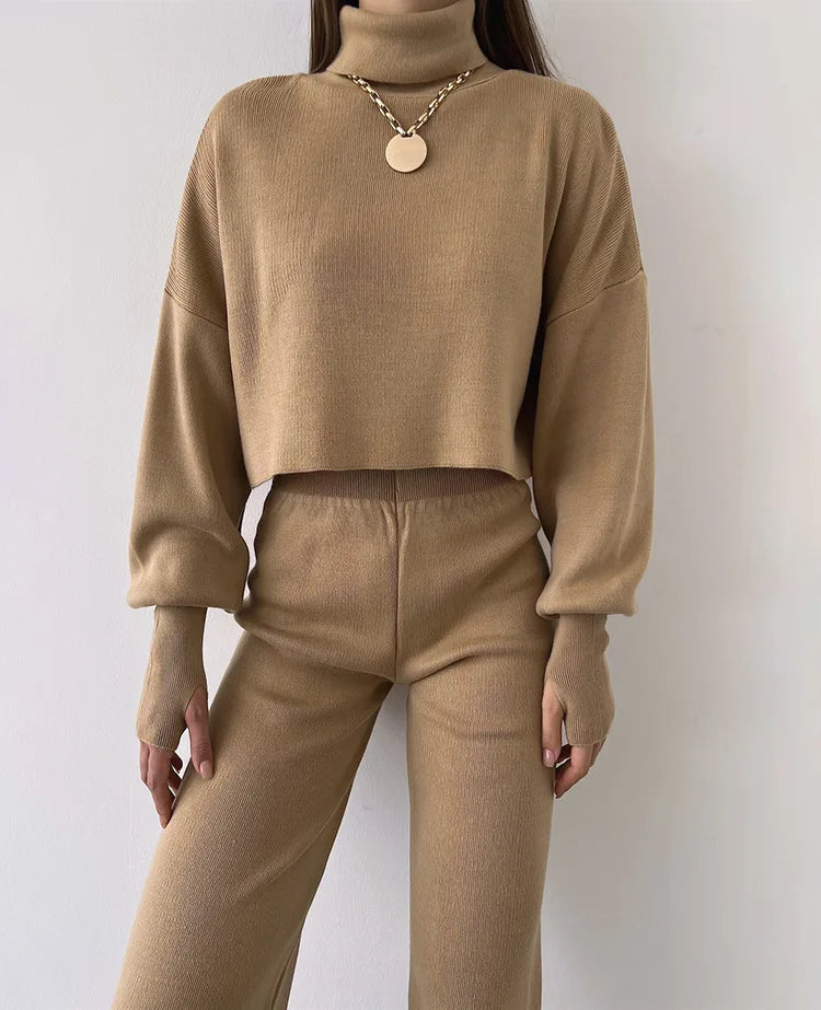 Women's comfortable knitted set with long sleeve top and wide leg pants for a fashionable casual look