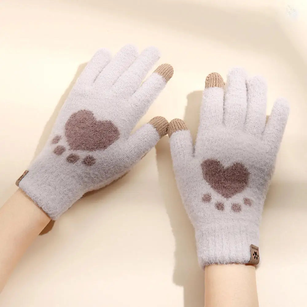 Winter warmth with cat and bird printed thermal knitted cashmere feel gloves - energize your cold days with cozy comfort women or teens girls gloves