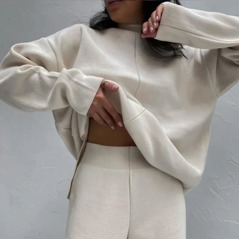Knitted 2 piece turtleneck sweater wide leg pants sleepwear set women loungewear indoors cozy outfit