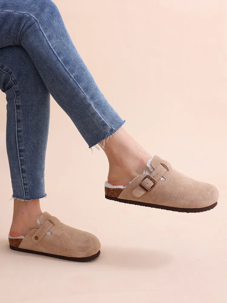 Winter com warm fur clogs for women luxurious cork mules and fuzzy slippers with short plush, perfect indoor-outdoor warmth and style
