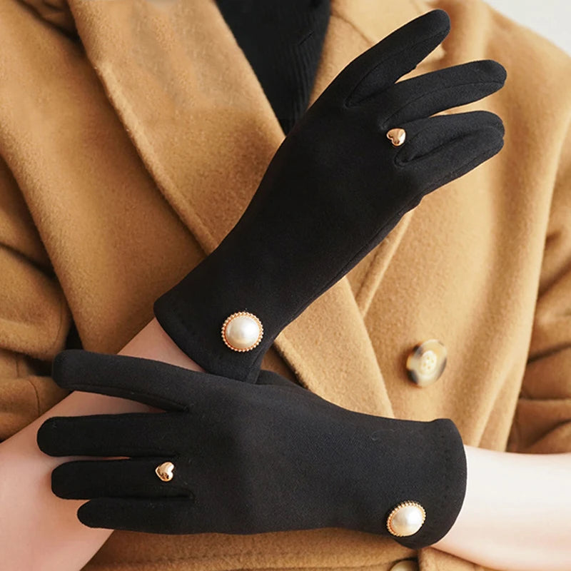Women winter warm clamshell touch screen pearl gloves fashion elegant retro luxury fleece soft drive gloves