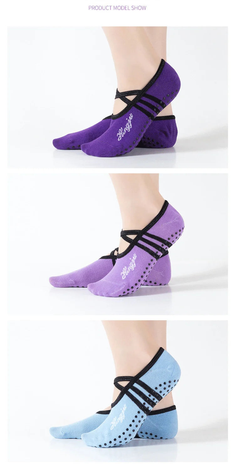 explore our women's non-slip yoga socks with grips & straps that are perfect for ballet, pilates, fitness, gym and bandage dance