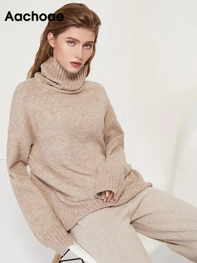 Sophisticated solid knitted two-piece set with turtleneck batwing sweater and casual wide leg pants loungewear set