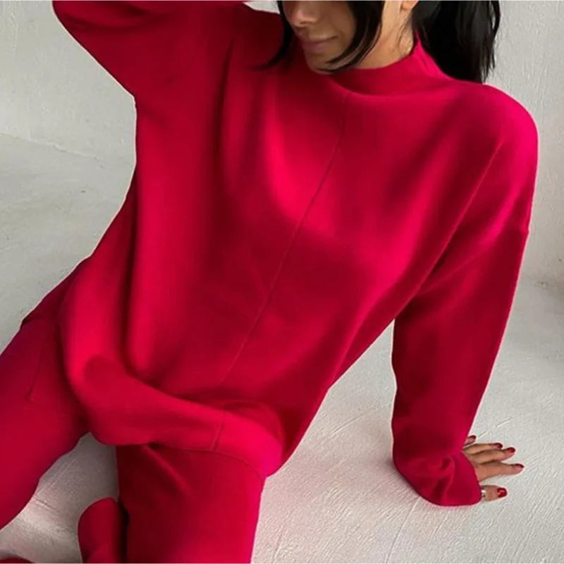 Knitted 2 piece turtleneck sweater wide leg pants sleepwear set women loungewear indoors cozy outfit