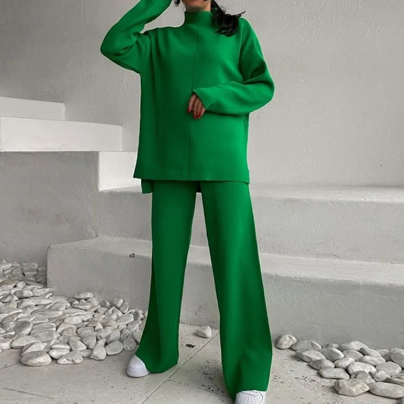 Knitted 2 piece turtleneck sweater wide leg pants sleepwear set women loungewear indoors cozy outfit
