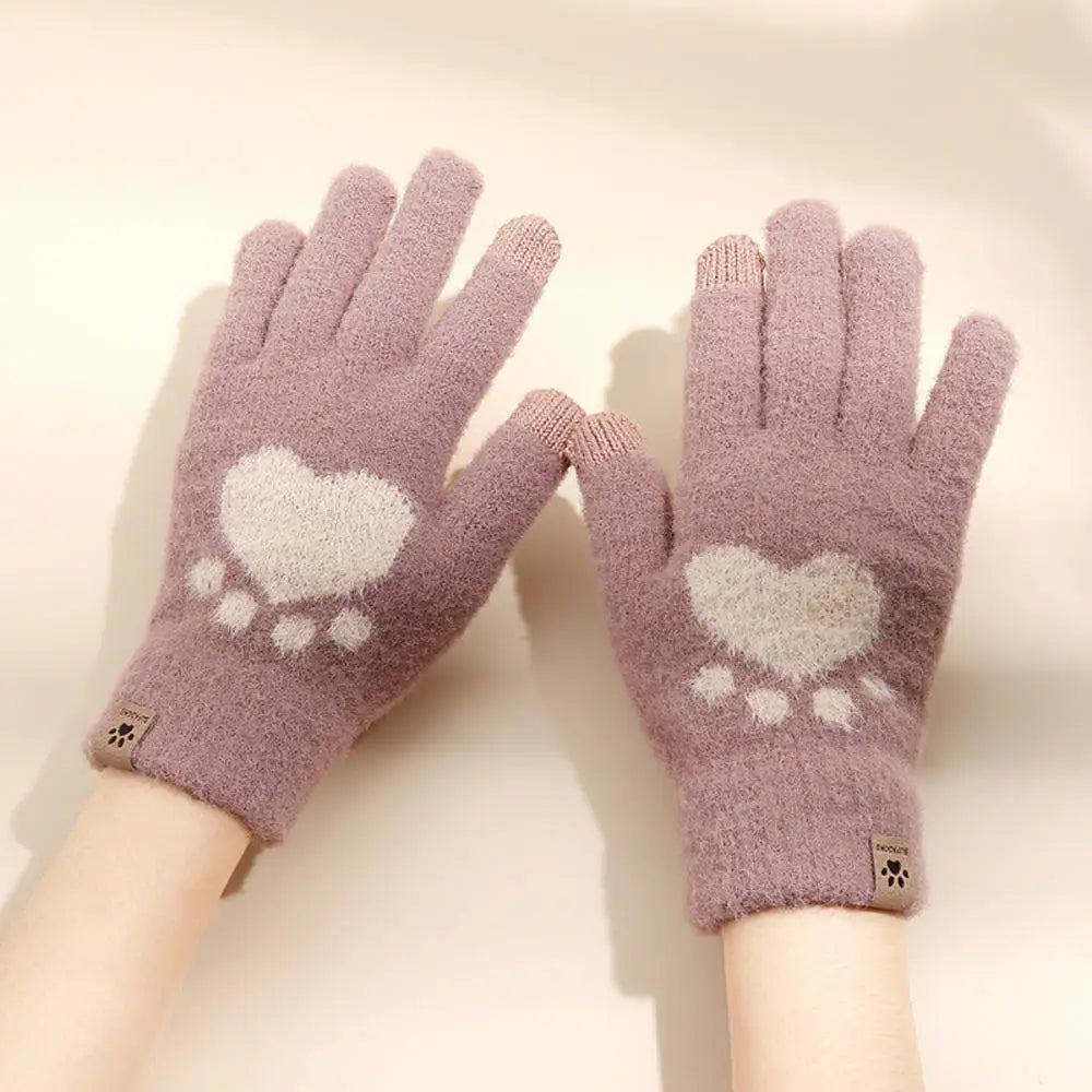 Winter warmth with cat and bird printed thermal knitted cashmere feel gloves - energize your cold days with cozy comfort women or teens girls gloves