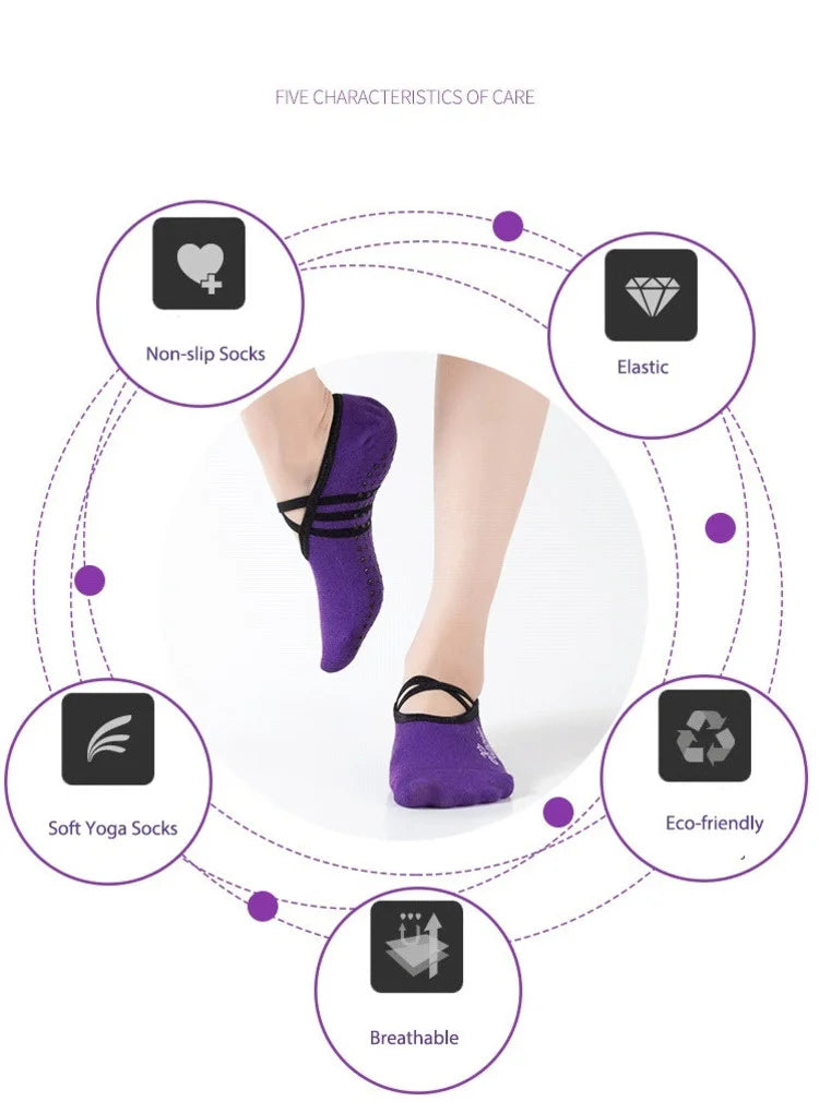 explore our women's non-slip yoga socks with grips & straps that are perfect for ballet, pilates, fitness, gym and bandage dance