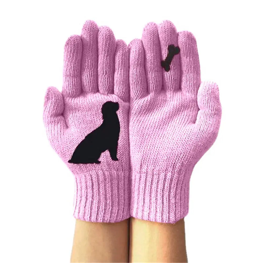 Winter warmth with cat and bird printed thermal knitted cashmere feel gloves - energize your cold days with cozy comfort women or teens girls gloves
